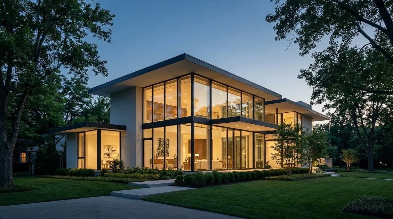Modern home exterior at dusk